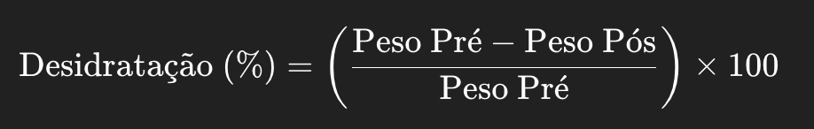 Fórmula que calcula a porcentagem de desidratação a partir da variação do peso pré e pós-exercício.