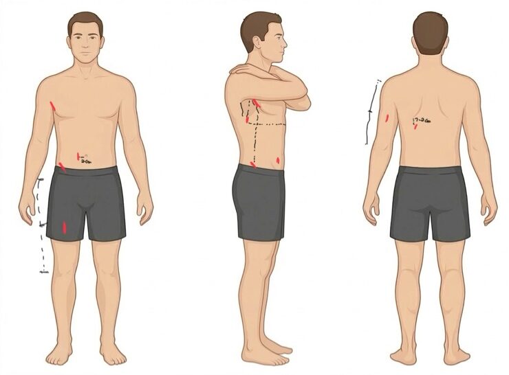 Diagrama do corpo masculino em três vistas com marcações em vermelho dos pontos para medição de dobras cutâneas.