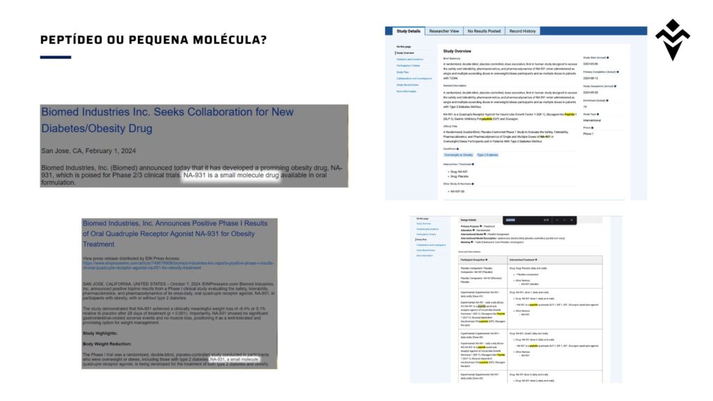 Imagem comparando comunicados da Biomed que descrevem NA-931 como pequena molécula e registro clínico que o classifica como peptídeo.