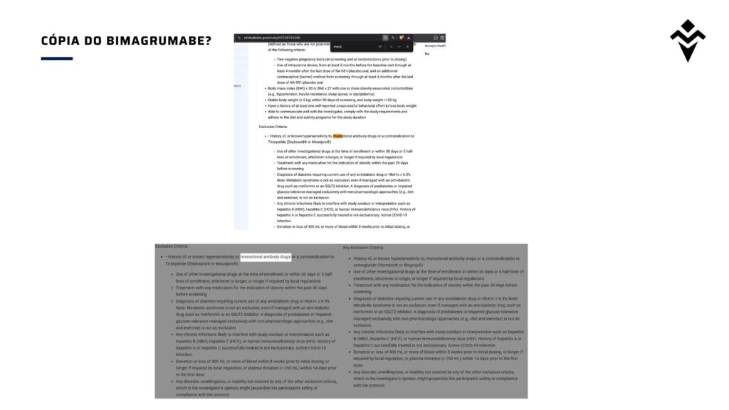 Imagem comparando critérios de exclusão de estudo clínico do NA-931 com texto semelhante ao usado em estudos com bimagrumabe.