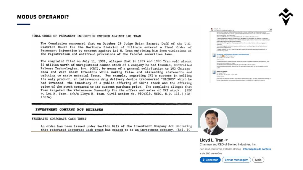 Imagem mostrando documento judicial contra Loi H. Tran e perfil de Lloyd L. Tran, CEO da Biomed Industries.