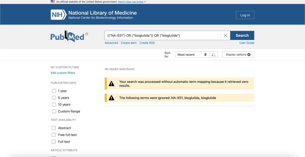 Captura de tela do PubMed mostrando busca por NA-931 e Bioglutide sem resultados na base da National Library of Medicine.