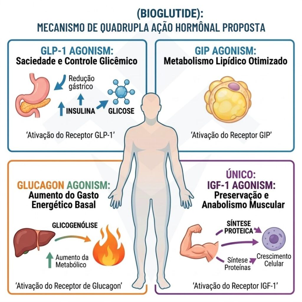 Infográfico do NA-931 (Bioglutide) mostrando agonismo de GLP-1, GIP, glucagon e IGF-1 no controle glicêmico, metabolismo e anabolismo muscular.