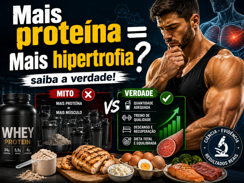 Texto questionando se a equação mais ingestão proteína=mais hipertrofia é verdadeira.