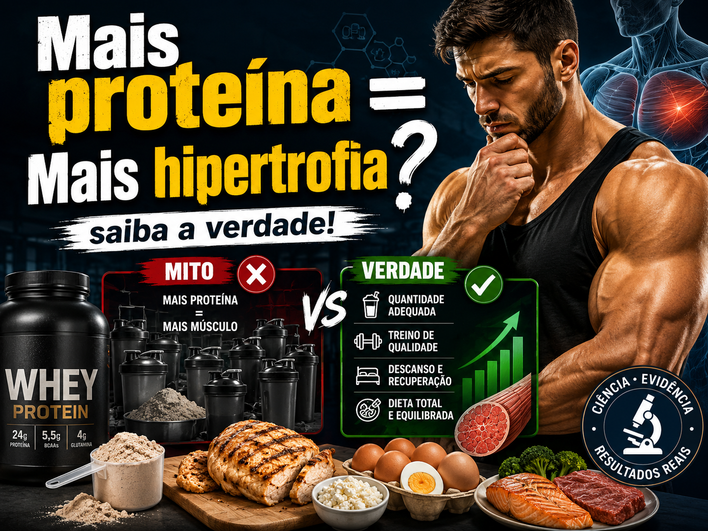 Texto questionando se a equação mais ingestão proteína=mais hipertrofia é verdadeira.