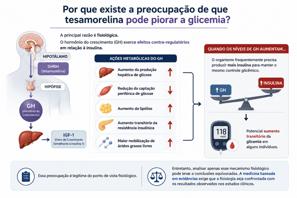 Tesamorelina pode piorar a glicemia? Infográfico mostrando os efeitos metabólicos do hormônio do crescimento sobre produção hepática de glicose, resistência insulínica e controle glicêmico.

