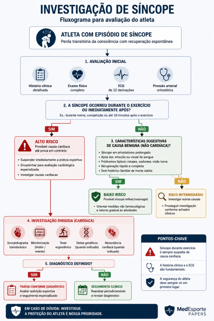 Fluxograma de investigação de síncope em atletas utilizado para identificar sinais de alerta relacionados à morte súbita em atletas jovens, incluindo avaliação clínica, ECG, exames complementares e estratificação de risco cardiovascular.
