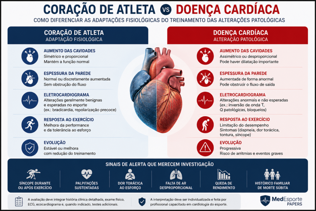 Comparação visual entre coração de atleta e doença cardíaca, destacando adaptações fisiológicas do treinamento e alterações patológicas associadas a cardiomiopatias, além dos principais sinais de alerta que exigem investigação cardiovascular em atletas.
