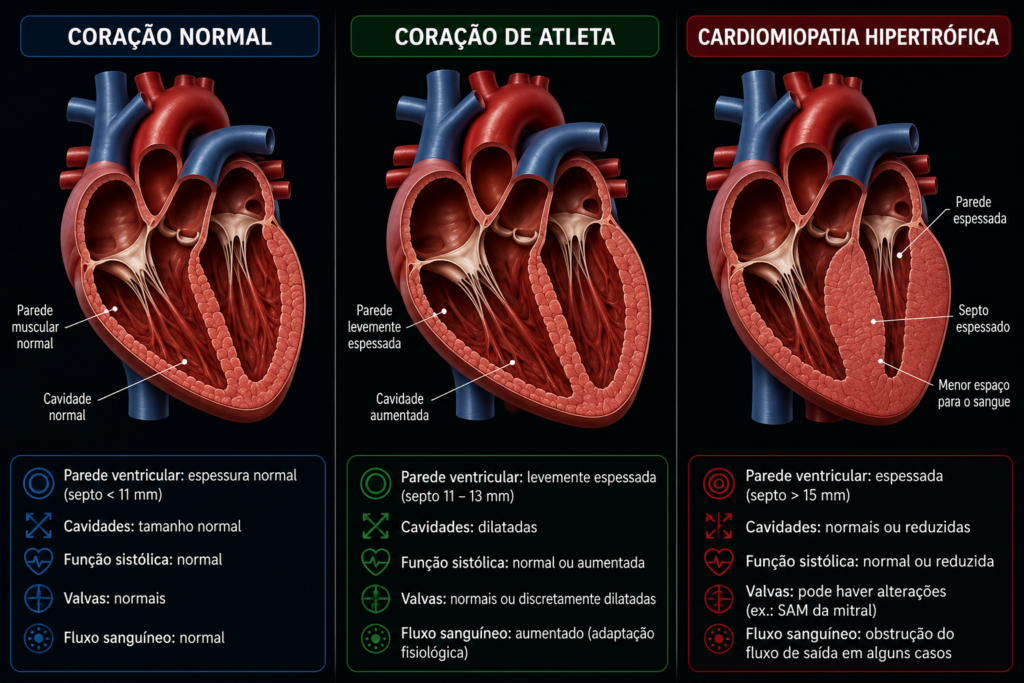 Hipertrofia fisiológica do atleta e cardiomiopatia hipertrófica: comparação anatômica entre coração normal, coração de atleta e coração com hipertrofia patológica destacando septo interventricular, parede ventricular e cavidade cardíaca.