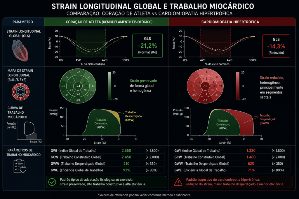 Hipertrofia fisiológica do atleta: comparação entre strain longitudinal global (GLS) e trabalho miocárdico em coração de atleta e cardiomiopatia hipertrófica, destacando diferenças na eficiência ventricular e no remodelamento cardíaco.