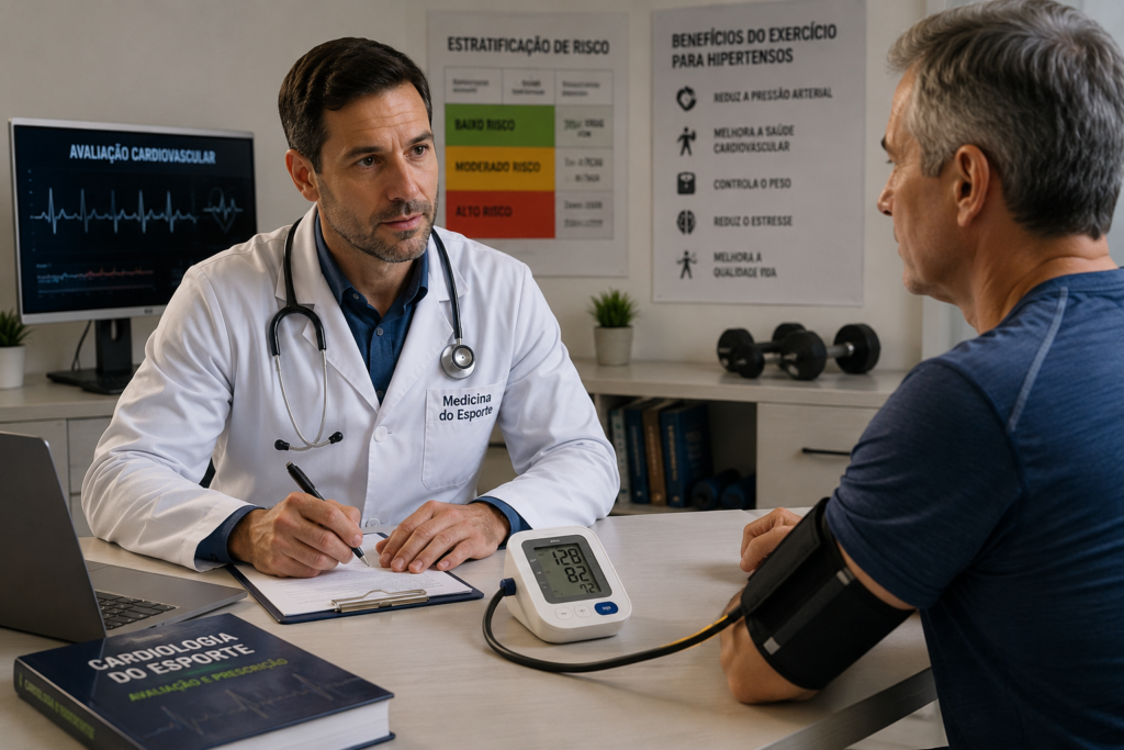Hipertenso pode fazer exercício físico após avaliação médica esportiva com aferição da pressão arterial e estratificação de risco cardiovascular.