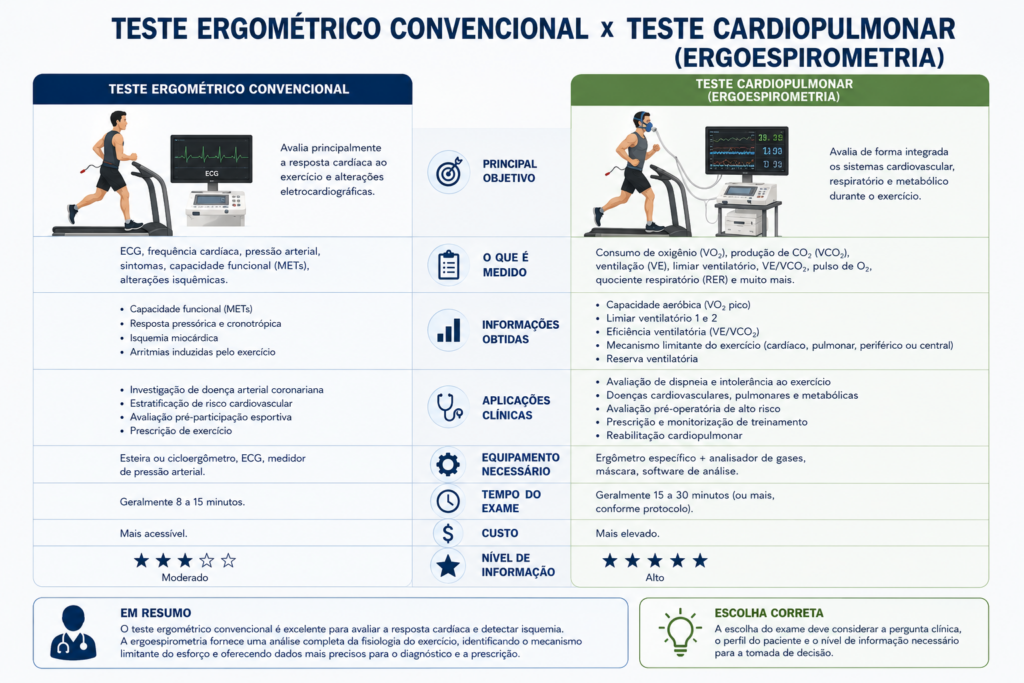 Diferenças entre teste ergométrico e ergoespirometria.
