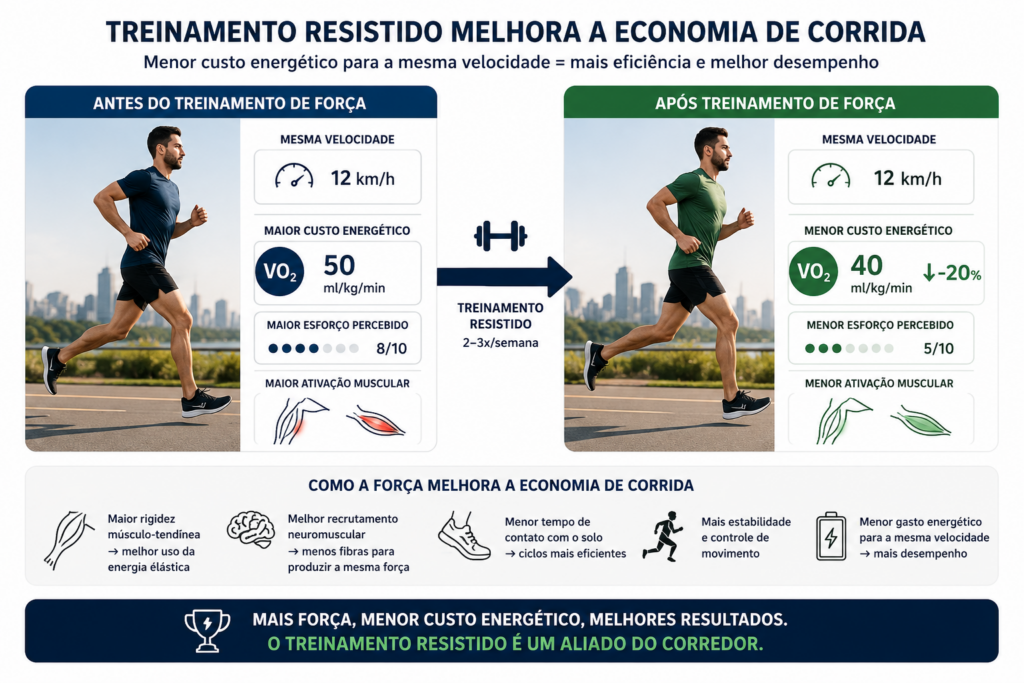 Treinamento híbrido combinar corrida musculação ilustrando a melhora da economia de corrida após treinamento resistido, com menor custo energético para manter a mesma velocidade durante a corrida.