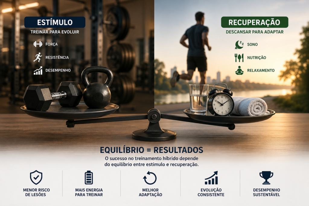 Treinamento híbrido combinar corrida musculação ilustrando o equilíbrio entre estímulo do treinamento e recuperação, com academia de um lado e corredor em recuperação do outro, destacando a importância do descanso para otimizar desempenho e adaptações fisiológicas.
