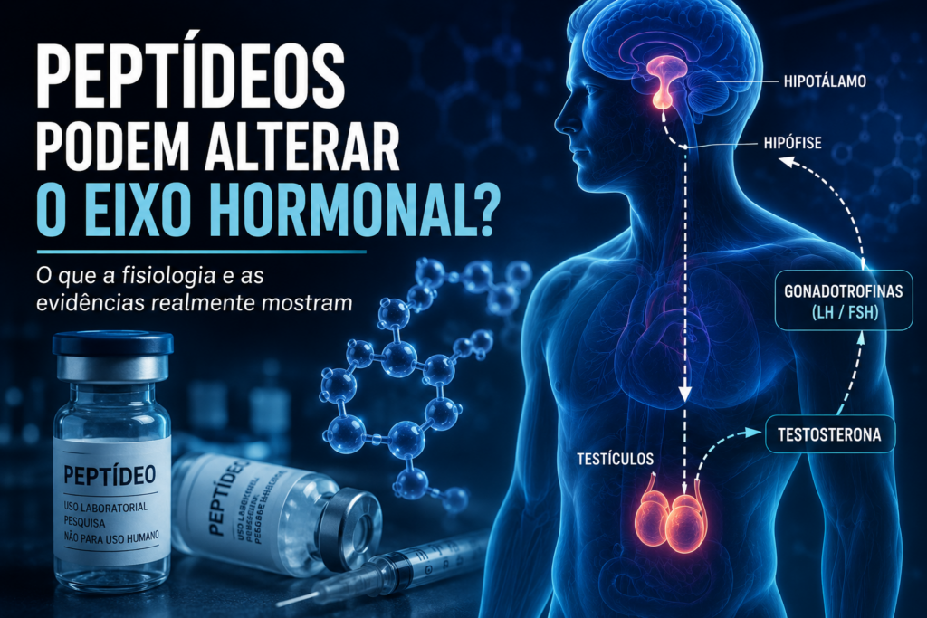 Imagem atual: Ilustração médica mostrando a relação entre peptídeos e o eixo hormonal, destacando hipotálamo, hipófise, testículos e a produção de testosterona para explicar como diferentes peptídeos podem influenciar os sistemas endócrinos.