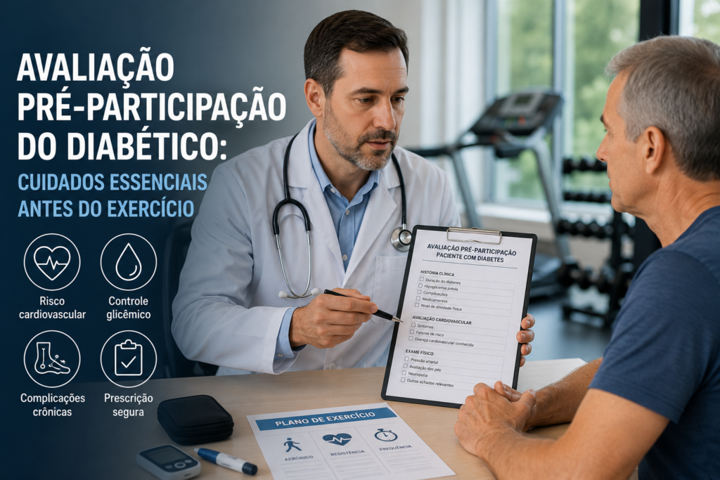 Imagem atual: Médico realizando avaliação pré-participação de paciente com diabetes antes da prescrição de exercício físico, considerando risco cardiovascular, complicações da doença e segurança para a prática esportiva