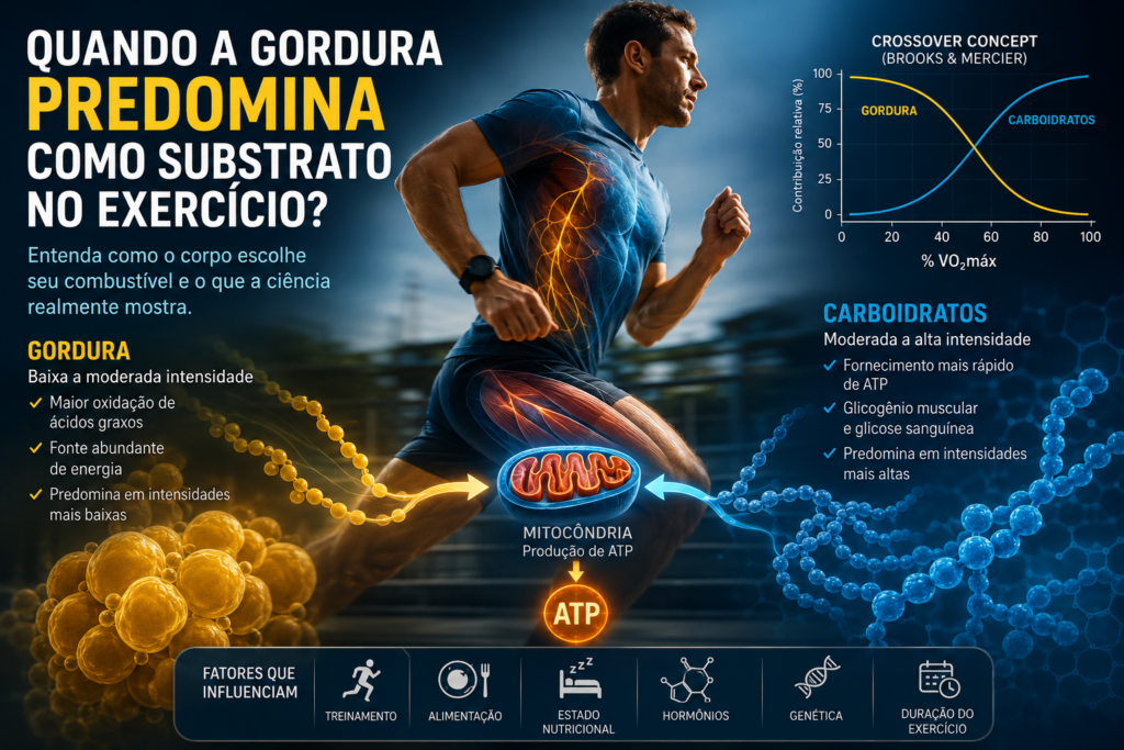 Infográfico mostrando um corredor com representação do metabolismo energético durante o exercício. A imagem compara a utilização de gordura e carboidratos como substratos energéticos, apresenta o conceito de Crossover Concept e ilustra como a predominância de cada combustível varia conforme a intensidade do exercício.