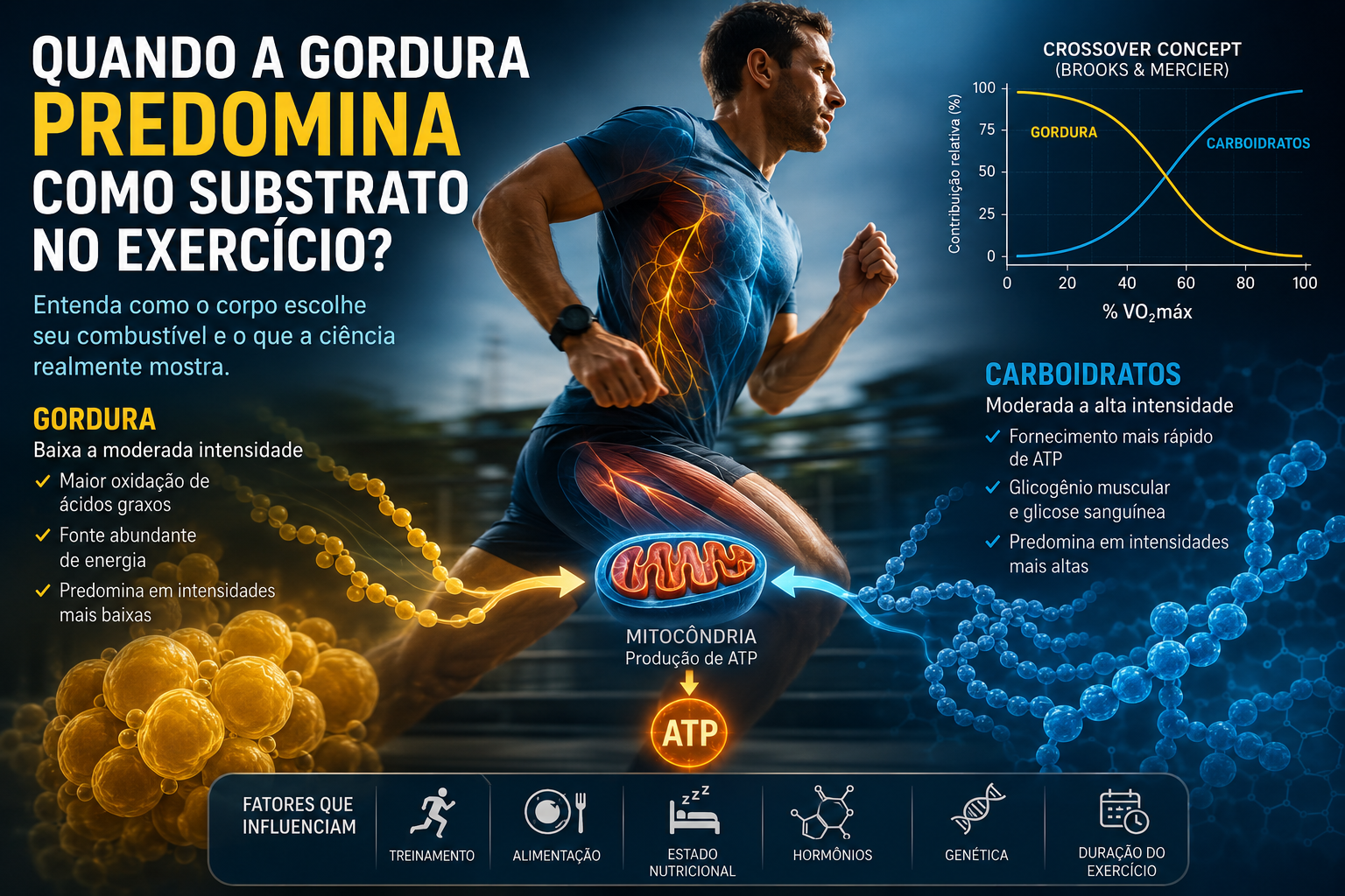 Infográfico mostrando um corredor com representação do metabolismo energético durante o exercício. A imagem compara a utilização de gordura e carboidratos como substratos energéticos, apresenta o conceito de Crossover Concept e ilustra como a predominância de cada combustível varia conforme a intensidade do exercício.