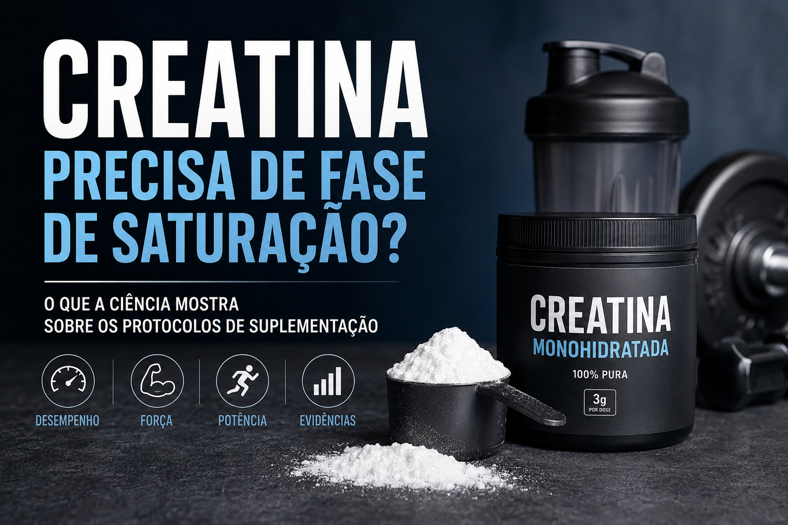 Banner informativo sobre suplementação com a pergunta "Creatina precisa de fase de saturação? O que a ciência mostra sobre os protocolos de suplementação". Ao lado do texto, há um pote de creatina monohidratada preta, um medidor com o pó branco e uma coqueteleira ao fundo