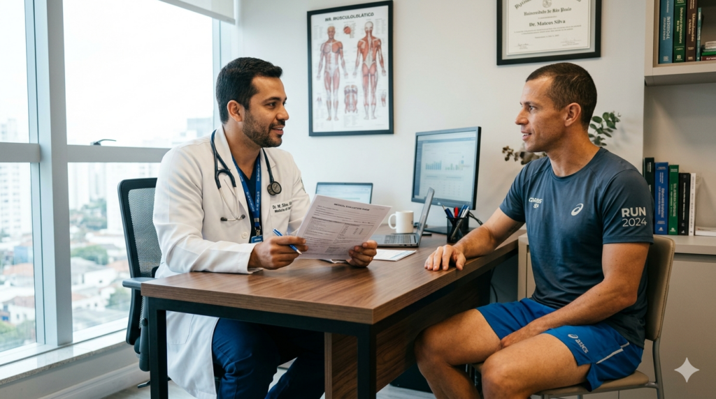 Check-up esportivo para corredor durante consulta médica de avaliação pré-participação esportiva.
