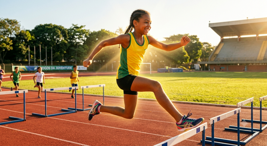 Uma jovem atleta negra, sorridente e com cabelos trançados, é capturada em pleno salto sobre uma barreira em uma pista de atletismo vermelha ao ar livre. Ela veste um uniforme esportivo com regata amarela e detalhes verdes, e shorts pretos. Ao fundo, o sol poente cria um brilho dourado intenso ao redor dela, iluminando o gramado verde do estádio e a arquibancada. Outras crianças aparecem correndo ao longe na pista, sob a luz quente do fim de tarde. Criança em uso de vitamina D.