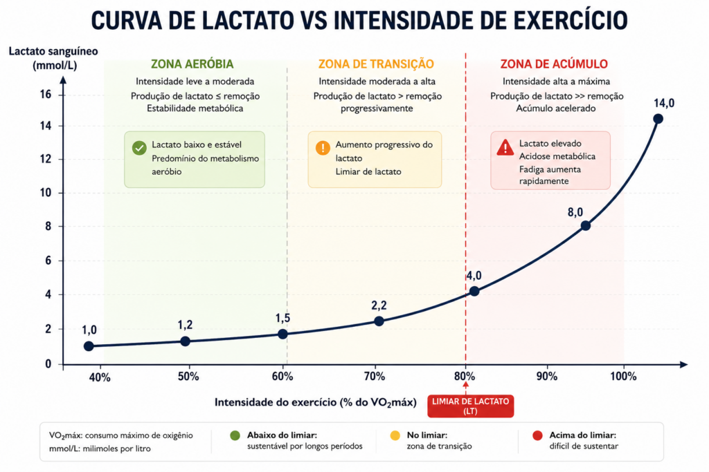 Lactato alto é sempre fadiga? Curva de lactato mostrando relação entre concentração de lactato sanguíneo e intensidade do exercício até o limiar de lactato"