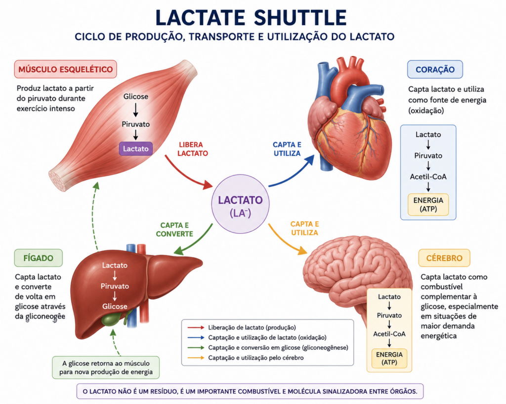 Lactate Shuttle de George Brooks mostrando como o lactato é transportado entre músculo, coração, fígado e cérebro e utilizado como combustível