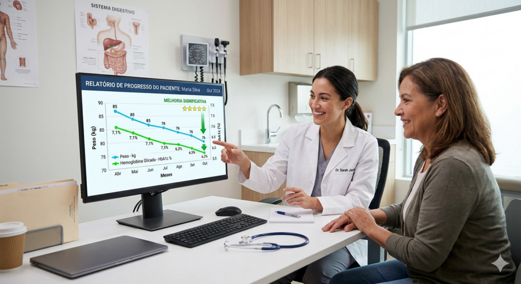 Fotografia de uma consulta médica humanizada em um consultório claro. Uma médica de jaleco branco sorri e aponta para a tela do computador, compartilhando com a paciente a evolução de seu tratamento. No monitor, um gráfico intitulado 'RELATÓRIO DE PROGRESSO DO PACIENTE' ilustra o impacto clínico do uso de tirzepatida ao longo de sete meses (de Abril a Outubro). O gráfico apresenta duas curvas em queda acentuada: uma linha azul demonstra a significativa perda de peso, que reduz de 85 kg para 76 kg; em paralelo, uma linha verde mostra a melhora na hemoglobina glicada (HbA1c %), que cai de 7,1% para 6,2%, saindo do patamar de diabetes para a faixa de controle. Acima das curvas, o destaque em letras verdes 'MELHORIA SIGNIFICATIVA' e estrelas douradas celebram o sucesso metabólico da terapia. Sobre a mesa de atendimento, estão dispostos um estetoscópio azul, um teclado e um notebook.
