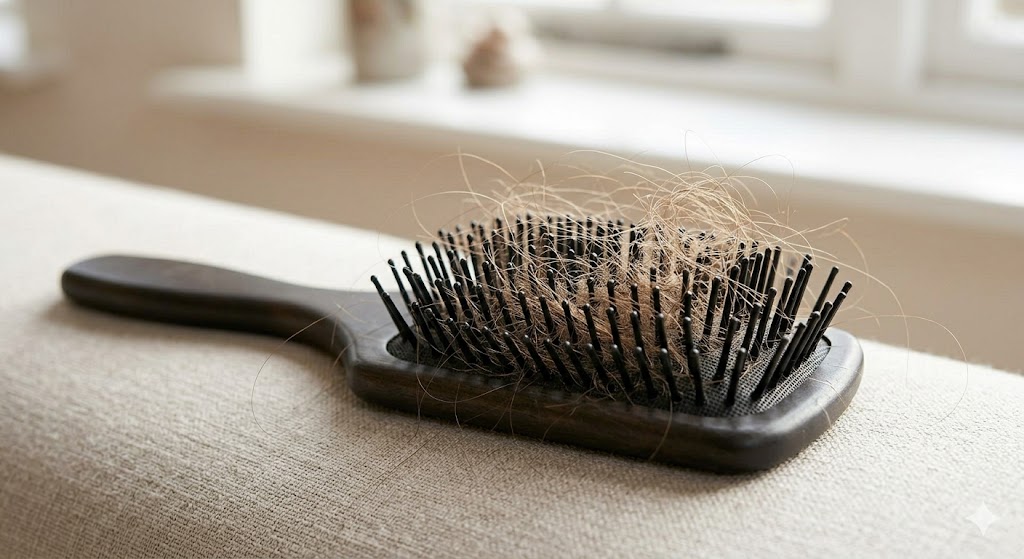 Escova de cabelo preta com grande quantidade de fios castanho-claros acumulados entre as cerdas, representando queda capilar associada ao eflúvio telógeno após perda de peso durante tratamento com tirzepatida.