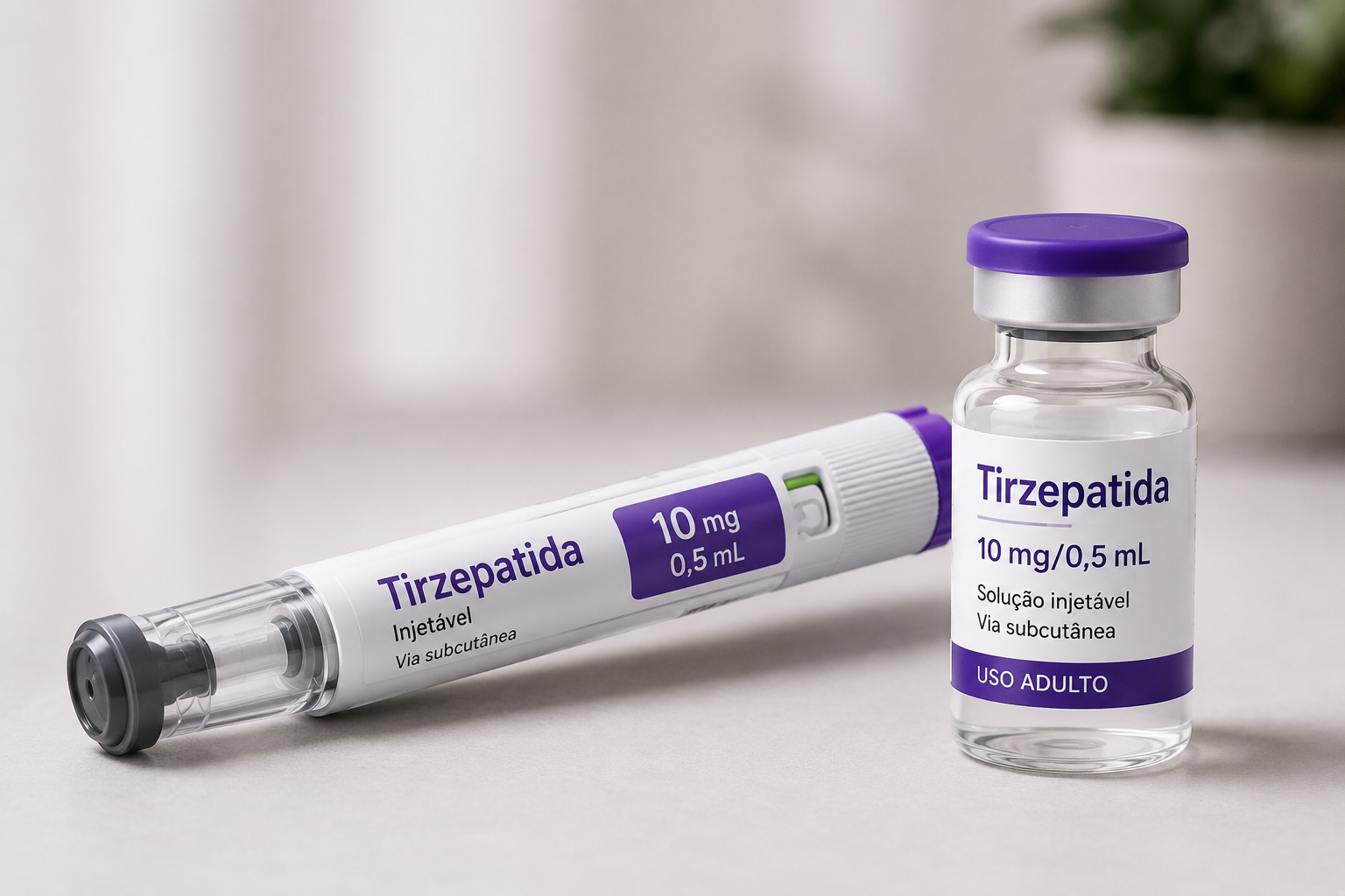 Imagem em estilo fotográfico de um medicamento injetável à base de tirzepatida. Em primeiro plano, uma caneta de aplicação subcutânea branca com detalhes em roxo está posicionada na diagonal sobre uma superfície clara. Ao lado, há um frasco de vidro transparente com tampa roxa e rótulo identificando a tirzepatida como solução injetável. O fundo é desfocado, em tons neutros, com iluminação suave que destaca os detalhes dos dispositivos. A composição transmite um ambiente clínico e profissional, associado ao tratamento da obesidade e do diabetes tipo 2.