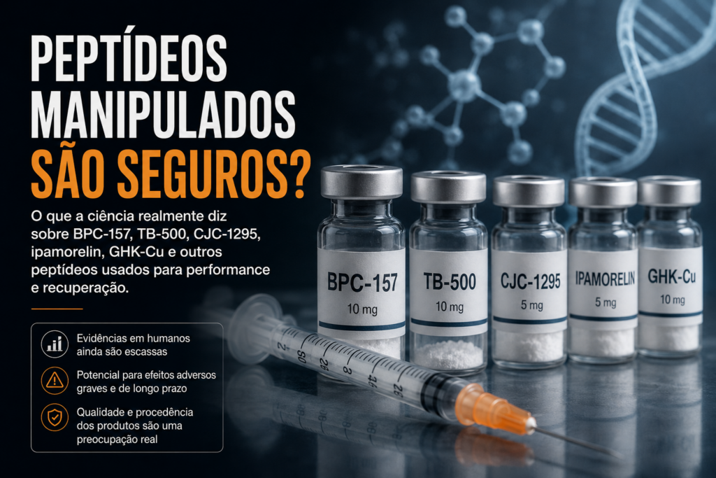 Ilustração com frascos de peptídeos experimentais, incluindo BPC-157, TB-500, CJC-1295, ipamorelina e GHK-Cu, ao lado de uma seringa e elementos gráficos científicos, representando o debate sobre a segurança dos peptídeos manipulados.