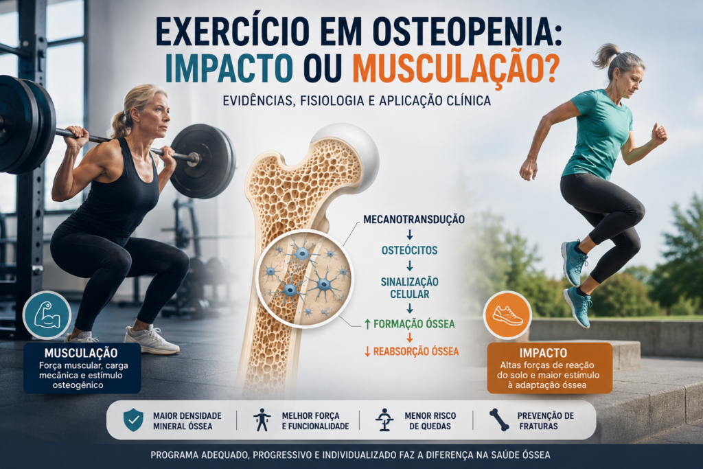 Ilustração mostrando uma mulher realizando agachamento com barra e outra executando salto, com um esquema da estrutura óssea destacando osteócitos e mecanotransdução para explicar como musculação e exercícios de impacto estimulam a formação óssea em pacientes com osteopenia.