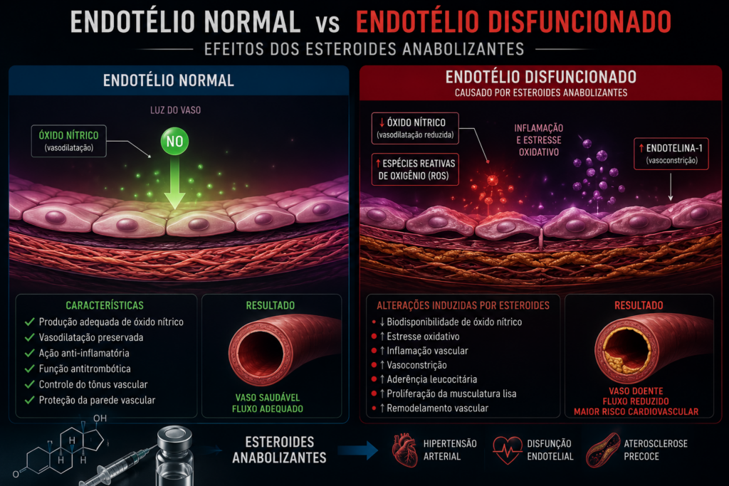 Comparação entre endotélio normal e endotélio com disfunção causada pelo uso de esteroides anabolizantes, destacando redução do óxido nítrico, aumento do estresse oxidativo, vasoconstrição e maior risco de hipertensão arterial e doença cardiovascular.