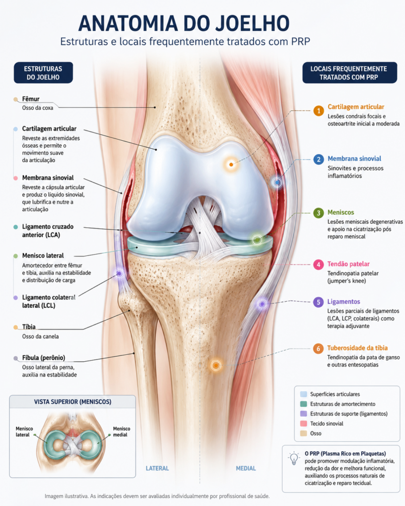 Ilustração anatômica do joelho destacando cartilagem articular, membrana sinovial, meniscos, ligamentos e os principais locais de aplicação do PRP no joelho para o tratamento de osteoartrite, lesões condrais e tendinopatias.