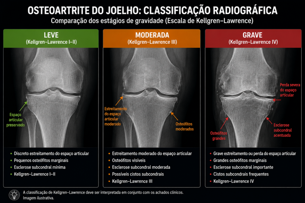 Radiografia comparando os estágios da osteoartrite do joelho (leve, moderada e grave), destacando o estreitamento do espaço articular, formação de osteófitos e as principais indicações do PRP no joelho conforme a gravidade da doença.