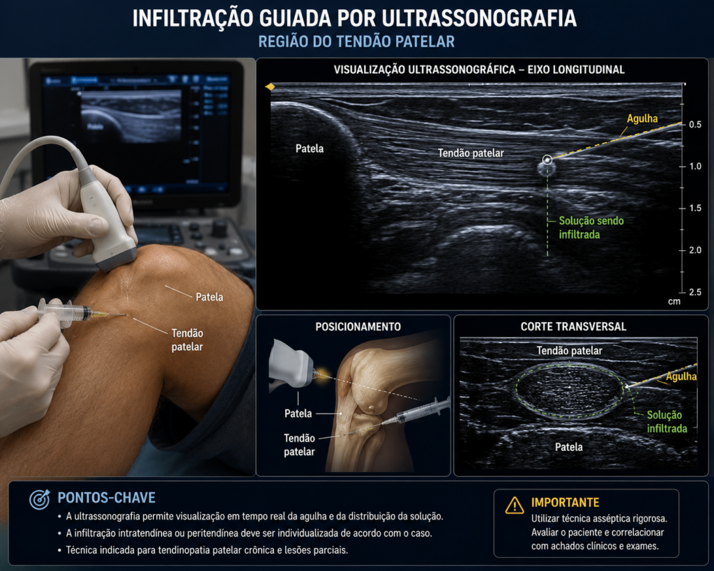 Ultrassonografia demonstrando infiltração guiada por imagem na região do tendão patelar para aplicação de PRP no joelho, com visualização da agulha, do tendão patelar e do posicionamento adequado durante o procedimento.

