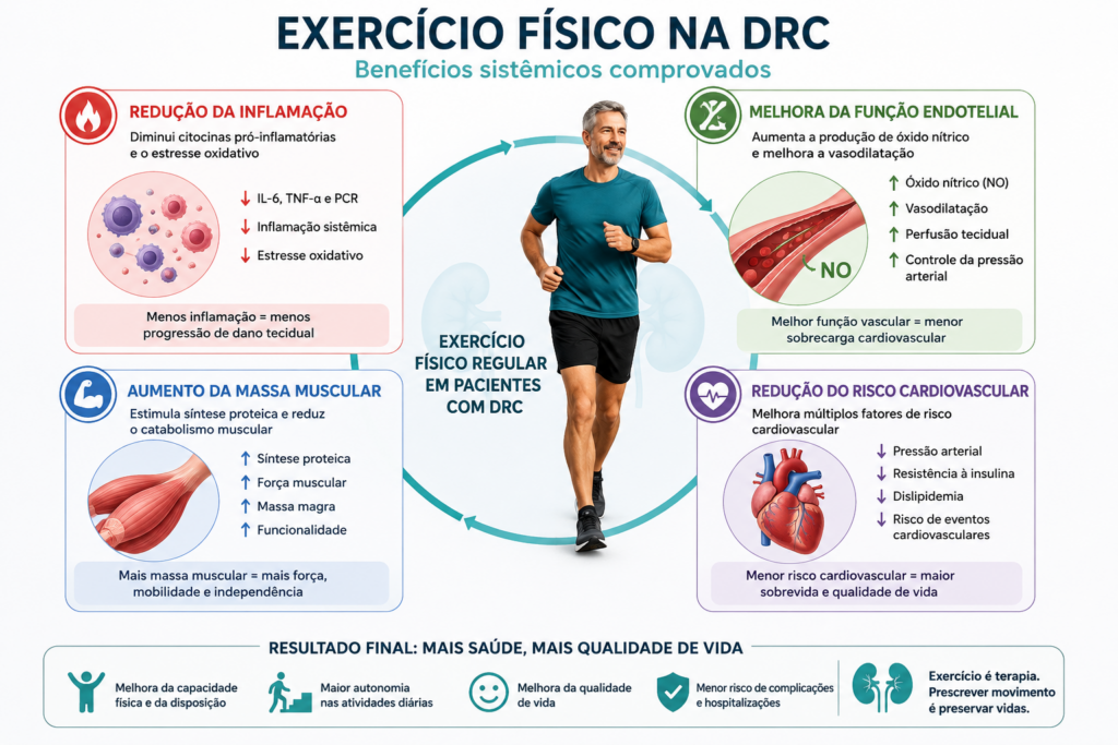 Infográfico sobre exercício físico na doença renal crônica mostrando como a prática regular reduz a inflamação, melhora a função endotelial, preserva a massa muscular e diminui o risco cardiovascular.