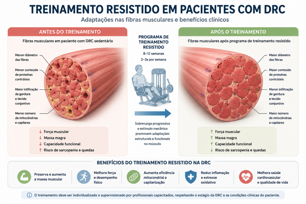 Exercício físico na doença renal crônica mostrando a comparação das fibras musculares antes e após o treinamento resistido em paciente com DRC.