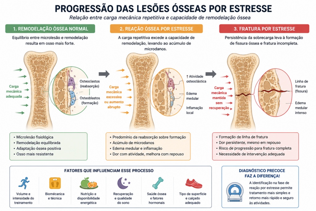Fratura por estresse: sinais de alerta ilustrando a progressão da remodelação óssea normal para reação de estresse e fratura por estresse.
