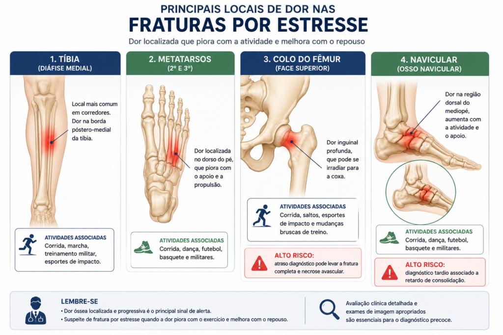 Ilustração sobre fratura por estresse: sinais de alerta mostrando os principais locais de dor na tíbia, metatarsos, colo do fêmur e osso navicular.