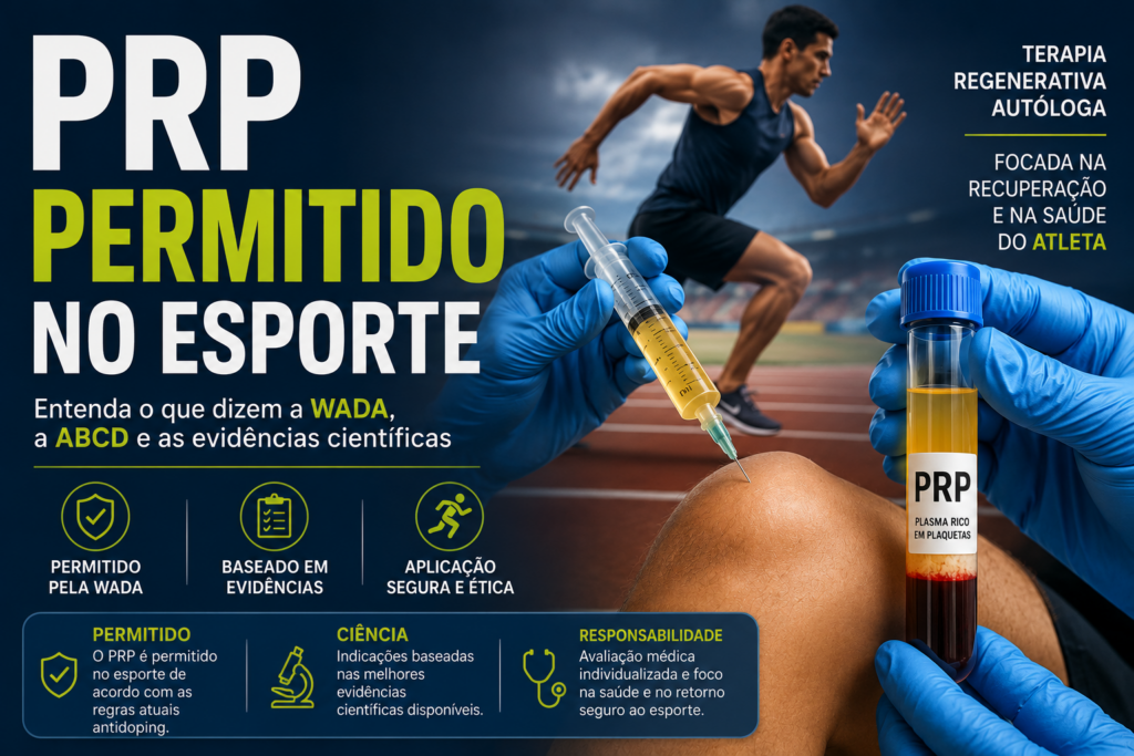 Ilustração sobre PRP permitido no esporte mostrando aplicação de plasma rico em plaquetas em atleta, destacando tratamento regenerativo baseado em evidências para recuperação de lesões esportivas.