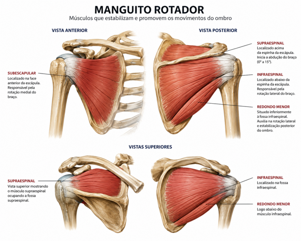 Anatomia do manguito rotador destacando os músculos supraespinal, infraespinal, subescapular e redondo menor.