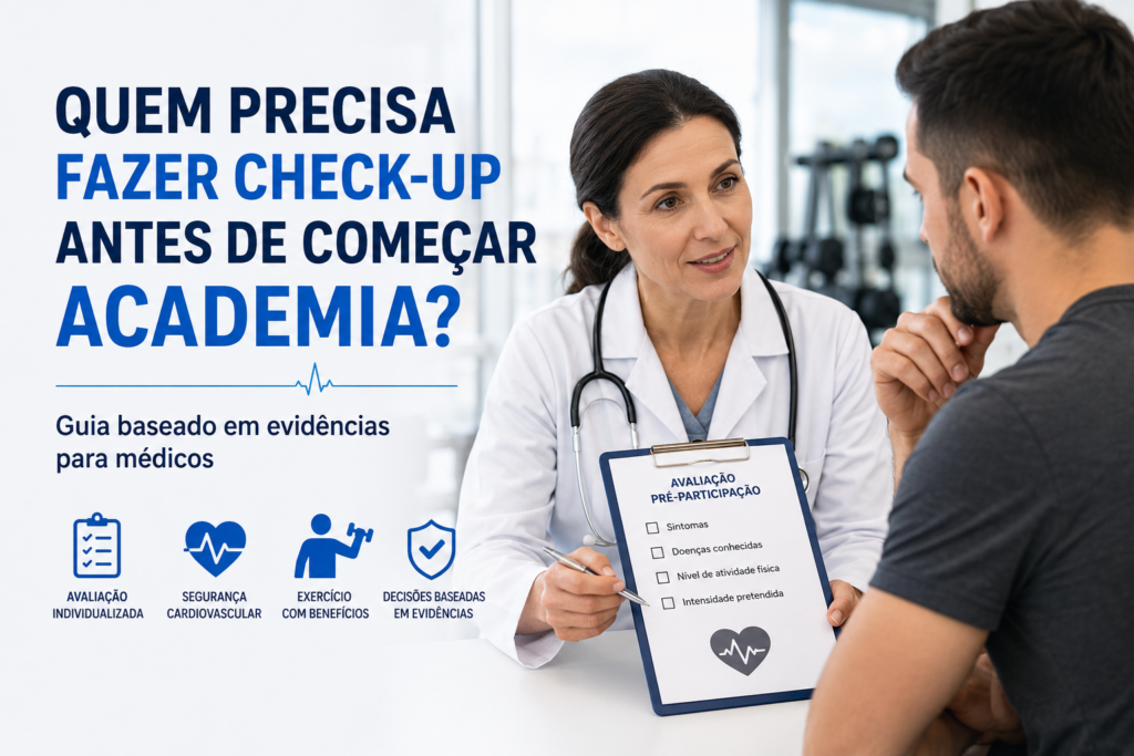 Médica avalia paciente antes do início da atividade física utilizando critérios de avaliação pré-participação para definir a necessidade de exames antes da academia.