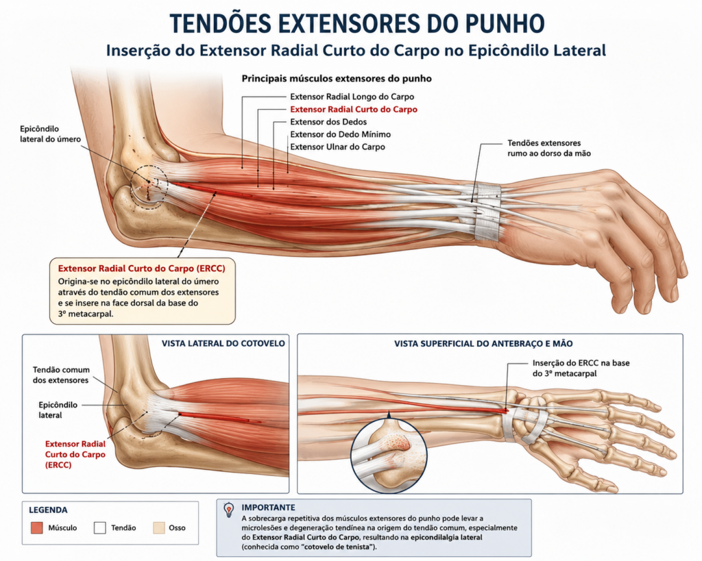 Ilustração anatômica dos tendões extensores do punho mostrando a origem comum no epicôndilo lateral do úmero, com destaque para a inserção do extensor radial curto do carpo (ERCC), principal tendão envolvido na epicondilalgia lateral, conhecida como cotovelo de tenista.