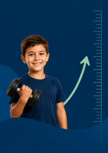 criança segurando halter para fazer musculação e um chart de crescimento atrás dela