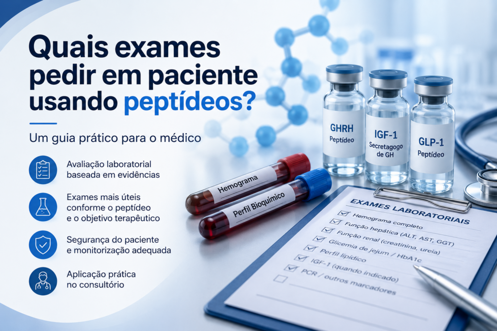 Banner ilustrativo sobre monitorização laboratorial em pacientes usando peptídeos, mostrando tubos de coleta, frascos de peptídeos, checklist de exames laboratoriais e o título "Quais exames pedir em paciente usando peptídeos?".