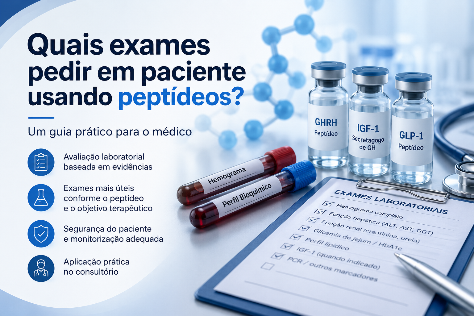 Banner ilustrativo sobre monitorização laboratorial em pacientes usando peptídeos, mostrando tubos de coleta, frascos de peptídeos, checklist de exames laboratoriais e o título "Quais exames pedir em paciente usando peptídeos?".