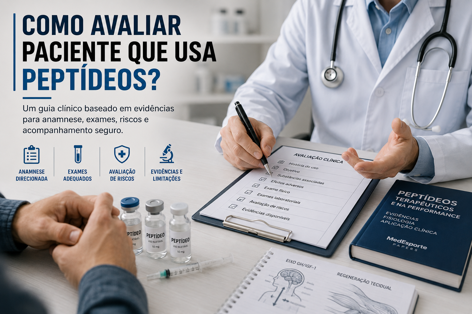 Médico avaliando paciente que usa peptídeos, com checklist clínico, frascos injetáveis e materiais sobre evidências e riscos.