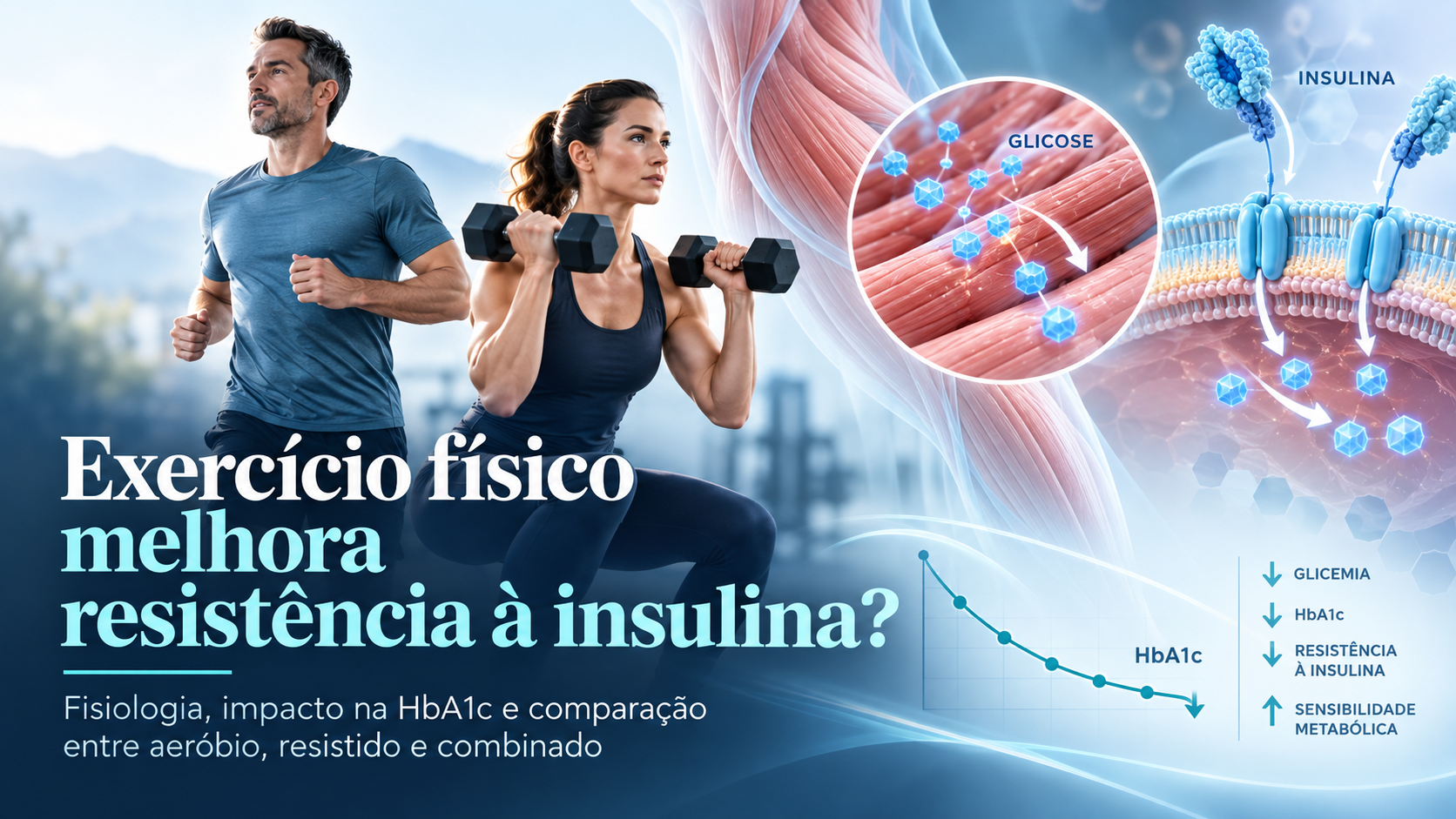Ilustração sobre exercício físico, resistência à insulina e captação de glicose pelo músculo, comparando treino aeróbio e resistido.