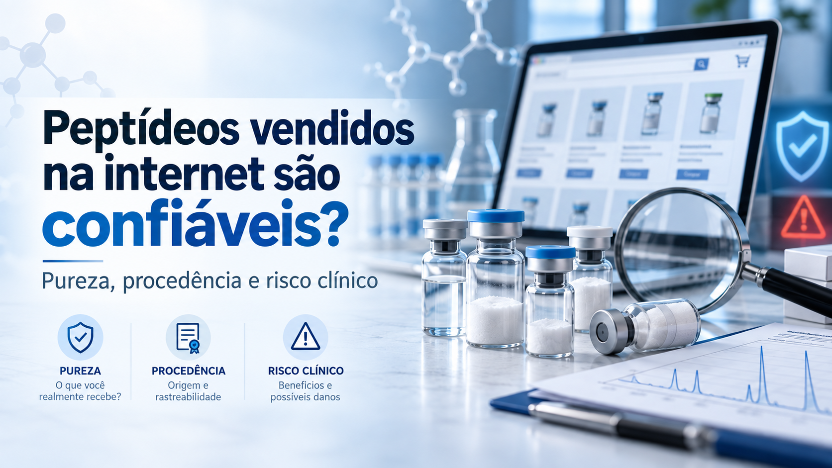 Frascos de peptídeos ao lado de um computador com loja online e elementos de controle de qualidade, ilustrando os riscos de pureza, procedência e segurança clínica.